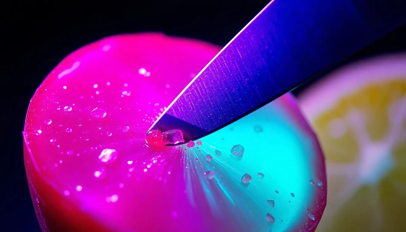 Primer plano de un video ASMR con IA de una fruta de caramelo tipo vidrio siendo cortada con iluminación de estudio neón, representando un clip satisfactorio de un generador de video con IA