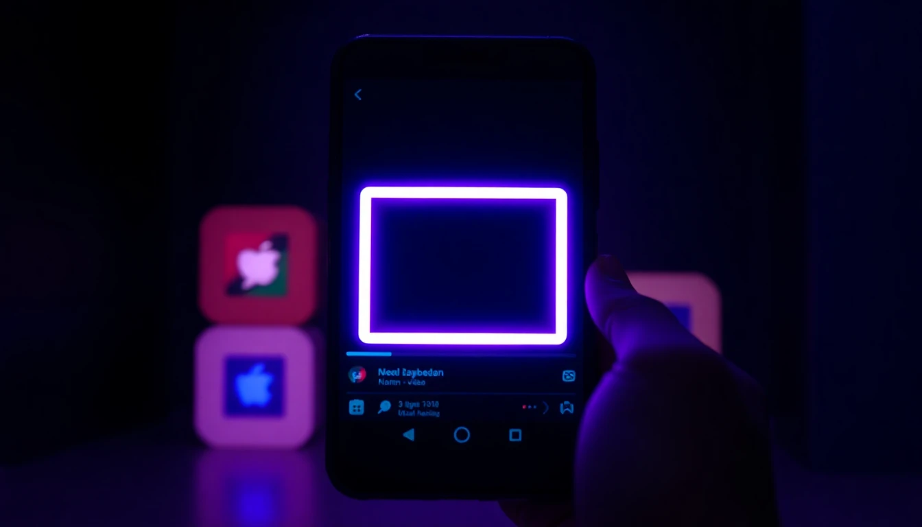 Maqueta de publicación de feed en video IA cuadrado 1:1 en la pantalla de un teléfono, fondo de estudio neón cian y morado