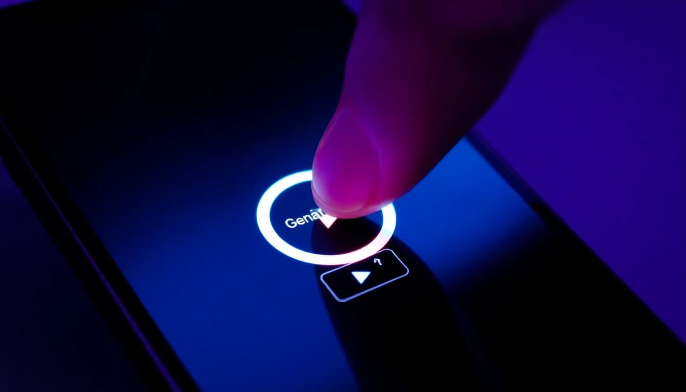 A hand tapping a glowing generate button on a phone, a progress ring filling as a finished video preview appears below it