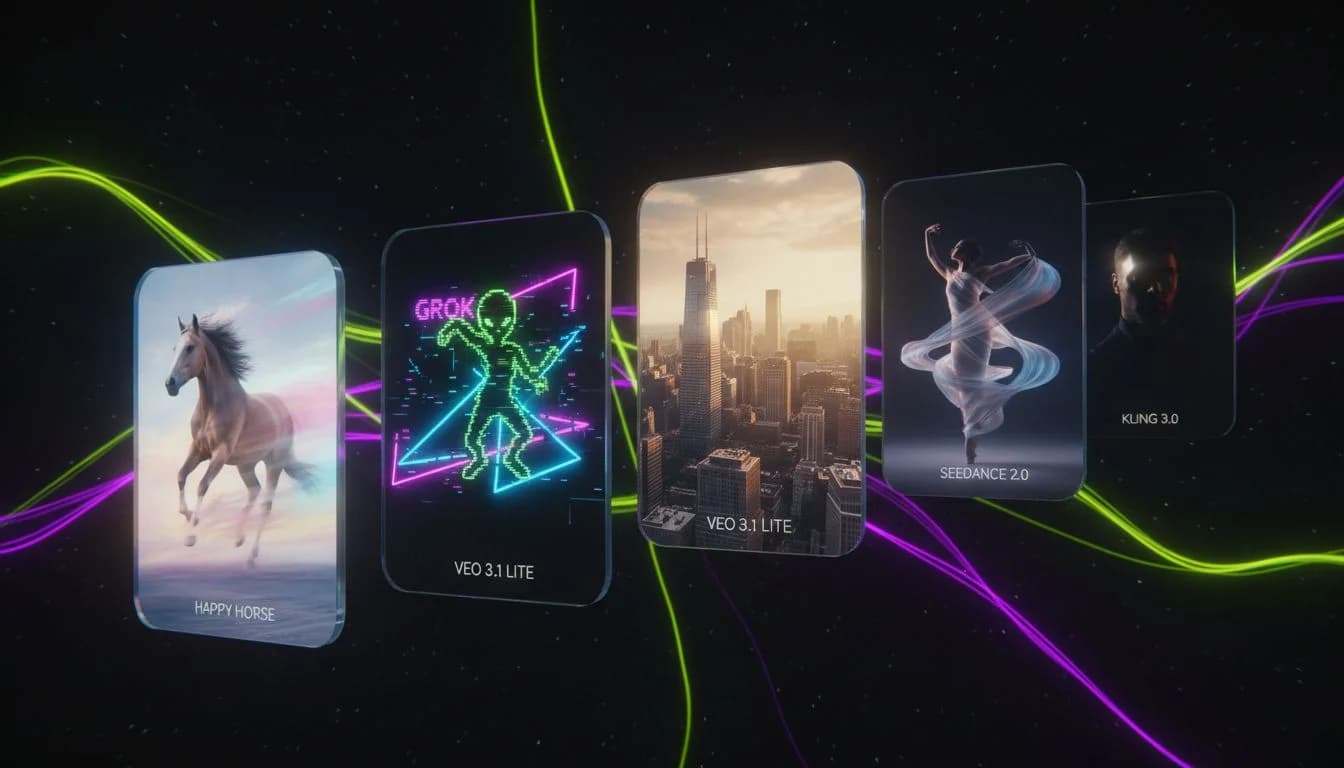 Editorial collage of the five best AI video models of June 2026 displayed across floating glass panels on a dark neon background