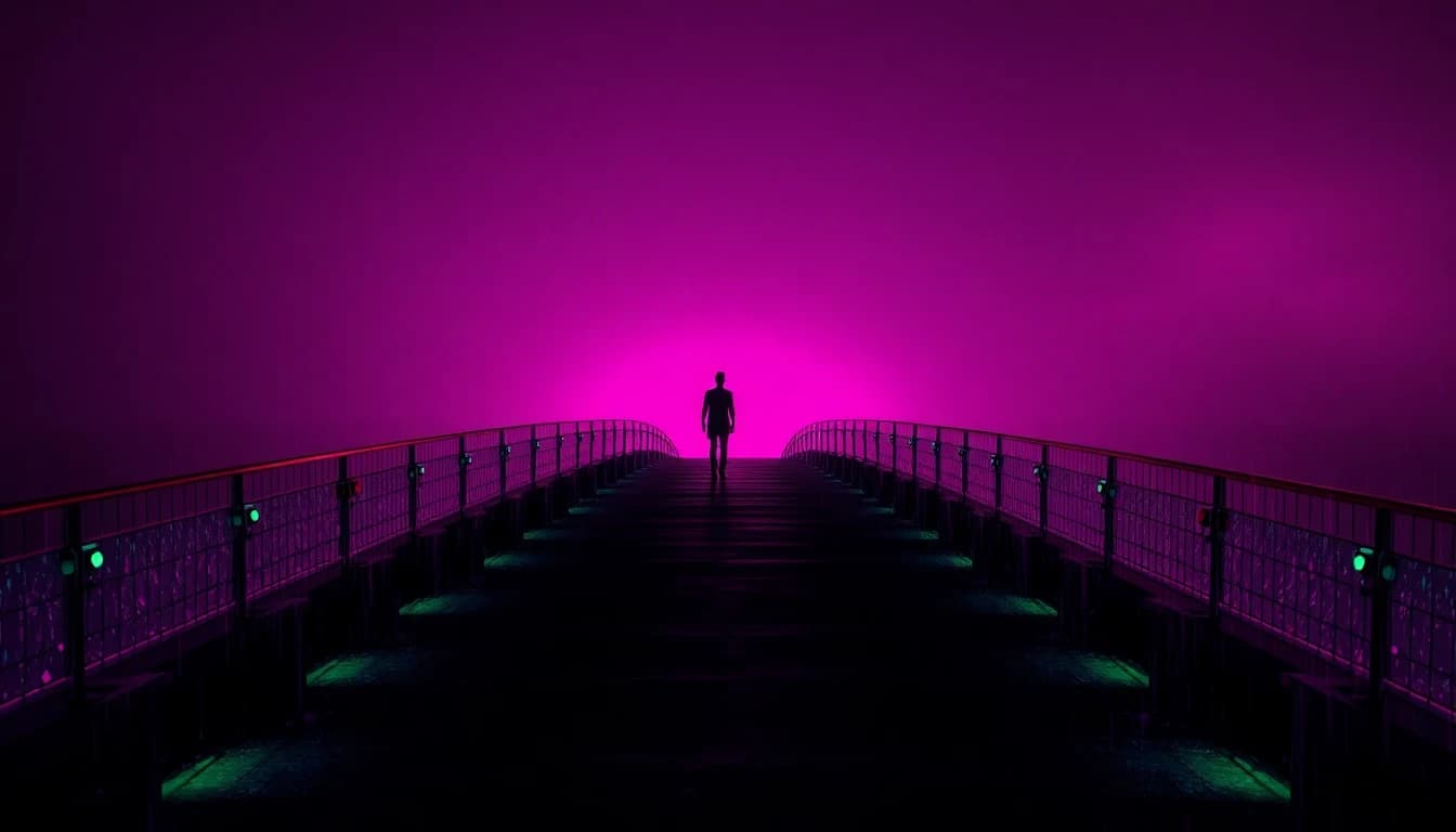 Exemple du modèle vidéo IA Kling 3 Pro : une séquence cinématographique en plusieurs plans d'une silhouette solitaire traversant un pont trempé de pluie au crépuscule