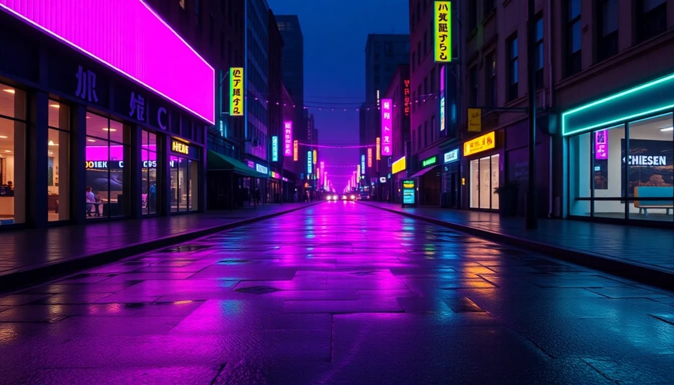 Exemple du modèle vidéo IA Sora 2 Pro : une scène de rue urbaine photoréaliste avec une lumière naturelle et un pavé mouillé réfléchissant