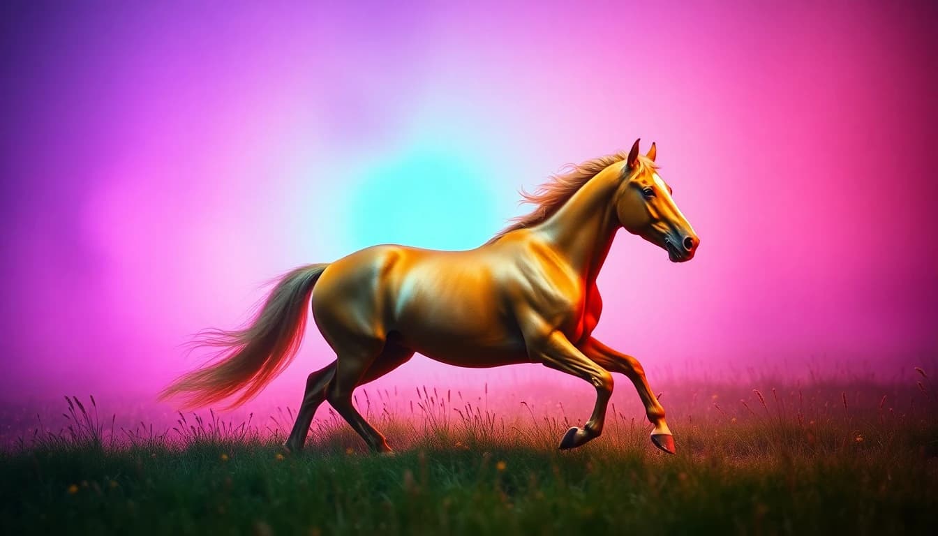 Ejemplo del modelo de vídeo con IA Happy Horse 1.1: un caballo dorado galopando por un prado pastel neblinoso al amanecer