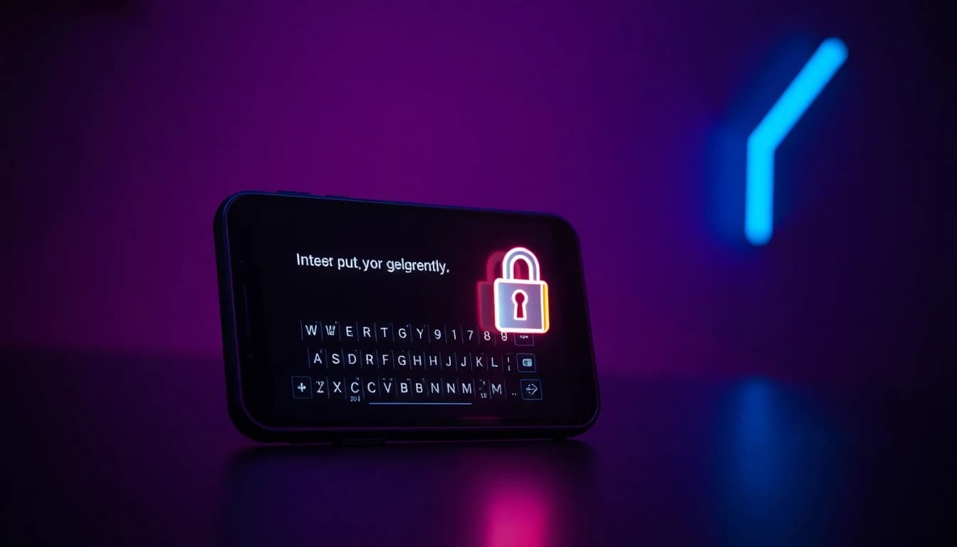 A phone showing a text prompt turning into a video with a glowing privacy shield in a dark studio
