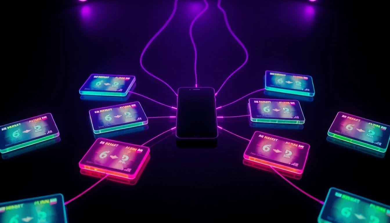 Several glowing model cards connected by thin light lines to a single phone in a dark studio