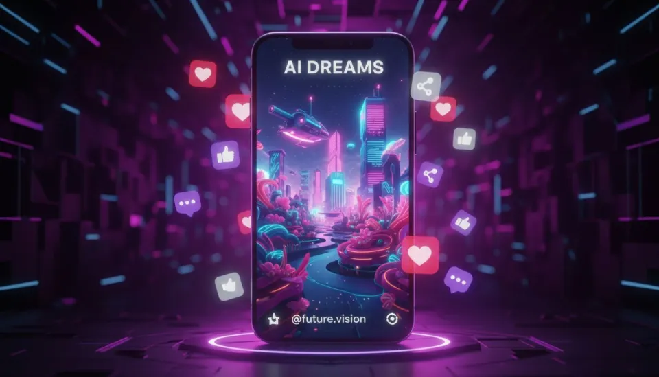 AI로 생성된 TikTok 영상이 표시된 스마트폰과 소셜 미디어 인게이지먼트 아이콘, 네온 퍼플 조명