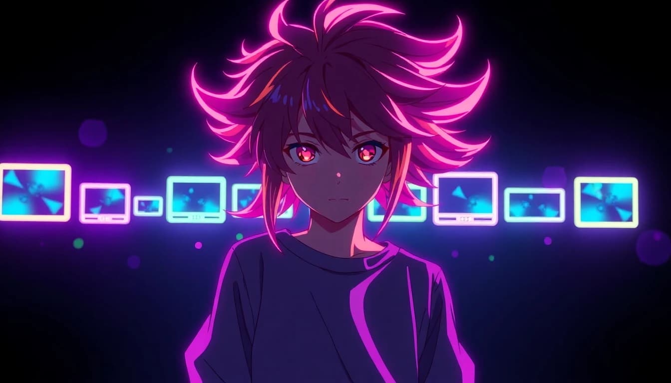 スマートフォン画面に表示された、動いている最中のアニメ風キャラクターを示すAIアニメ動画生成の画面