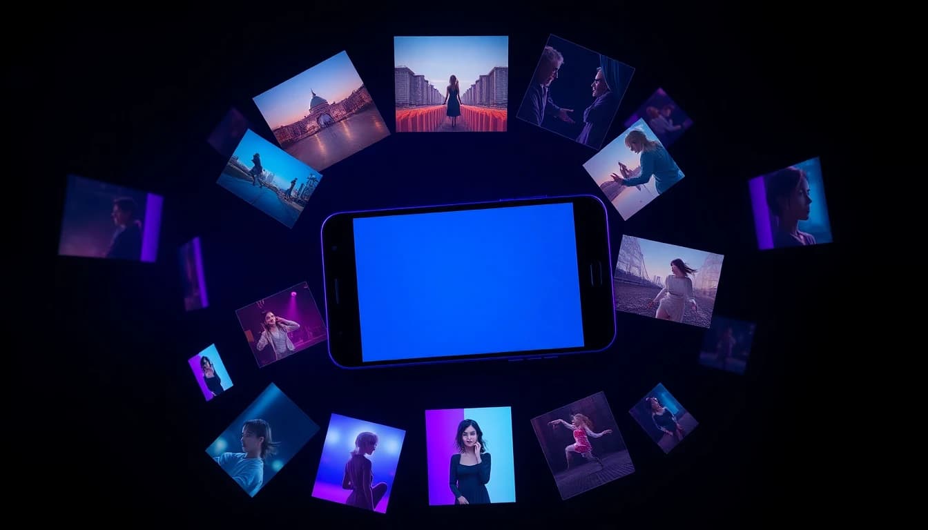 Top down view of a smartphone surrounded by floating thumbnails of AI generated videos including cinematic landscapes, anime characters, portraits, and dance scenes