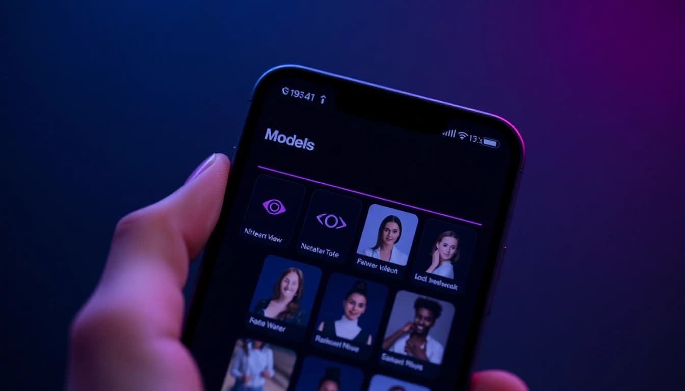 Close up of a smartphone screen showing an AI video model picker carousel with multiple selectable model thumbnails inside the VIBE app