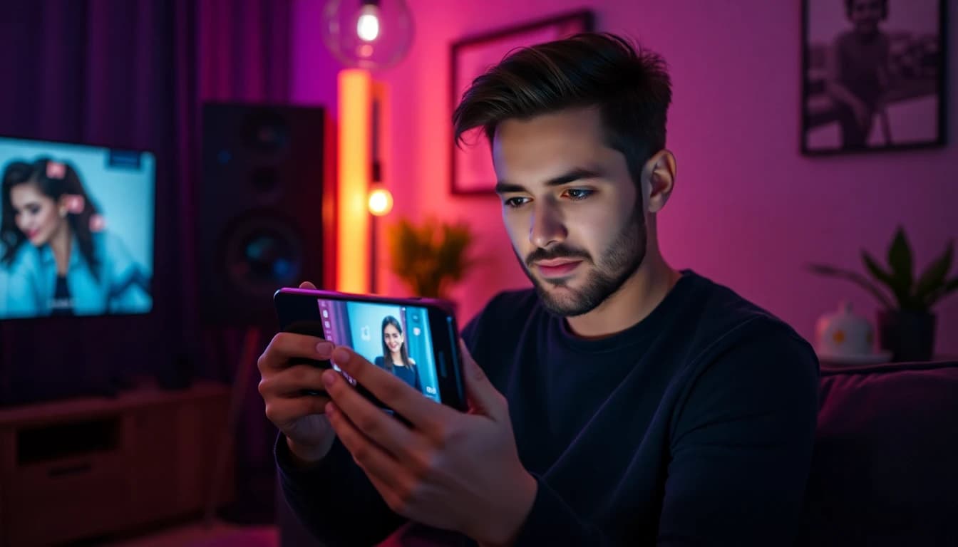Content creator reviewing a freshly generated AI video on a smartphone in a cozy modern creator studio with neon accent lighting