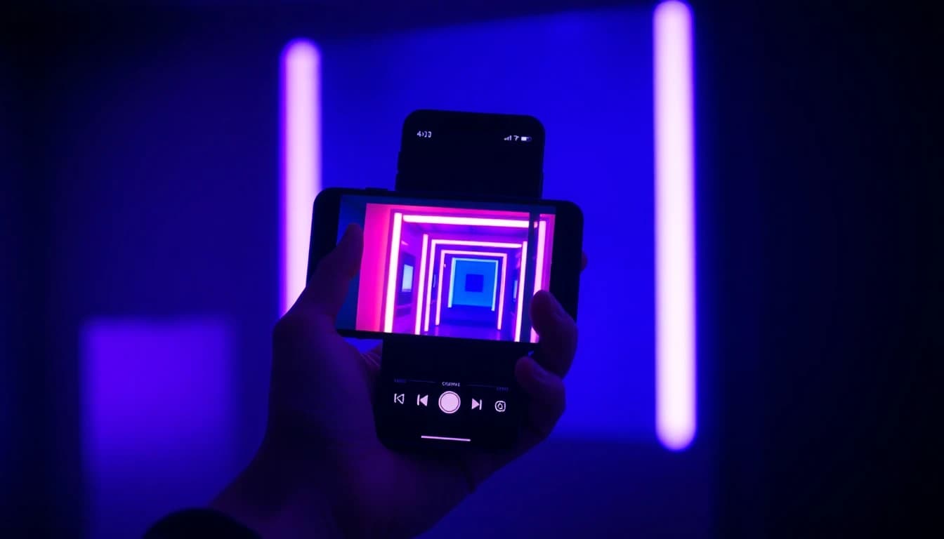 Hand holding a smartphone displaying a vibrant AI generated short form vertical video playing full screen in a dark room with neon purple glow