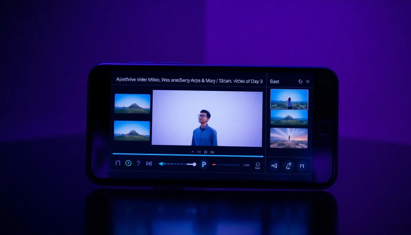Écran de smartphone affichant un éditeur vidéo IA avec plusieurs options d'arrière-plan à appliquer derrière un sujet isolé