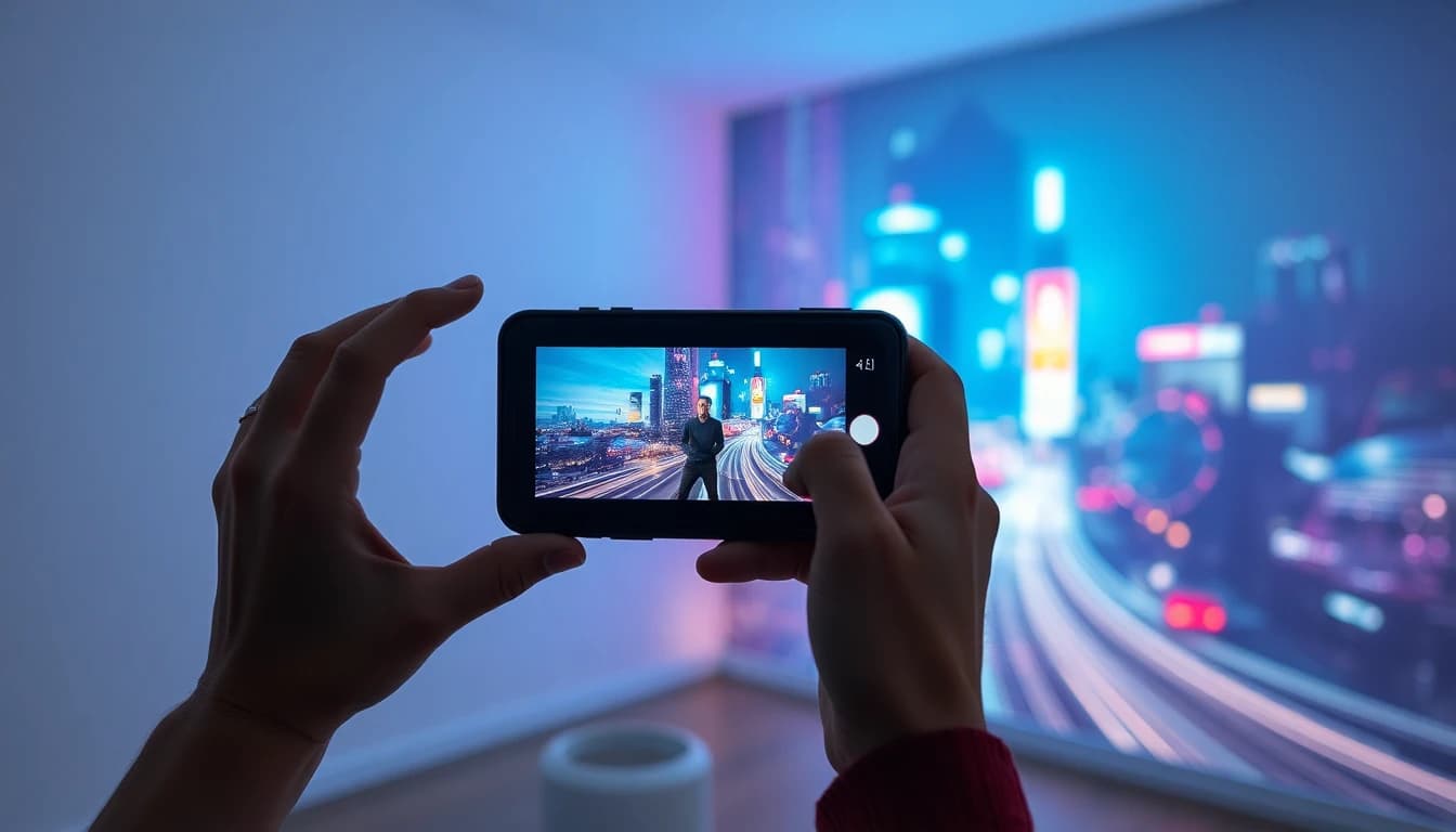Person filming video with phone and seeing the background instantly replaced with an AI generated cyberpunk city