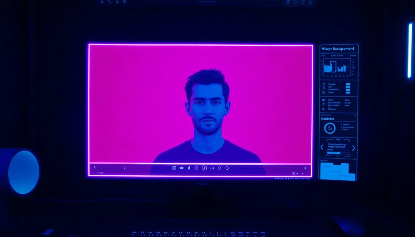 AI video background remover interface showing a person isolated from the original background with clean cutout edges glowing in neon purple