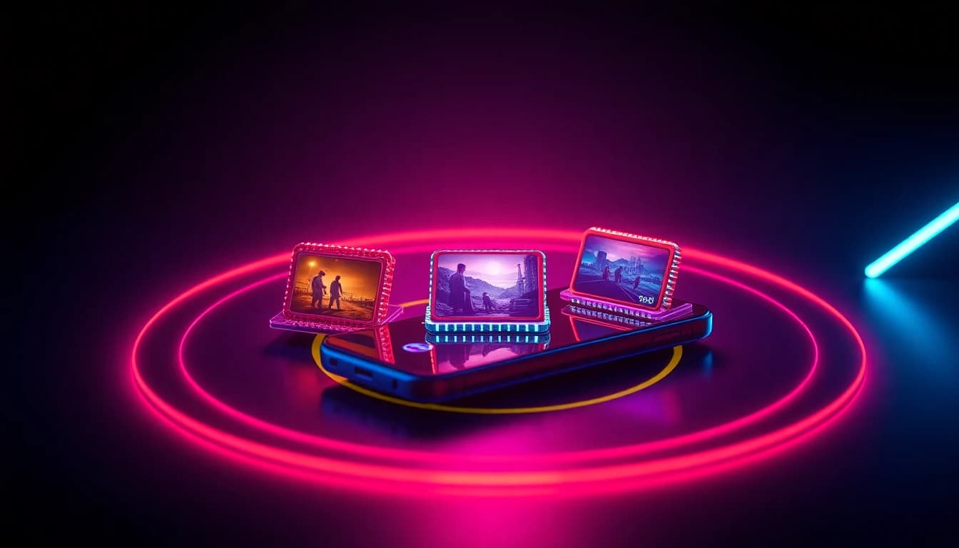Quatro cartões brilhantes representando Kling, Seedance, WAN e Vidu flutuando sobre uma superfície escura de estúdio, uma seleção de geradores de vídeo IA chineses