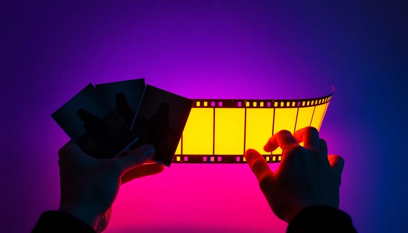 Mãos de um criador organizando fotos de referência ao lado de uma longa tira de filme, simbolizando personagens consistentes entre os clipes