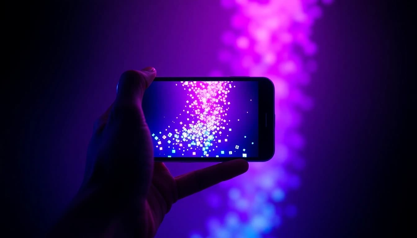 Um celular mostrando uma prévia de vídeo vertical enquanto rastros de luz de vários ícones de modelos fluem para dentro da tela