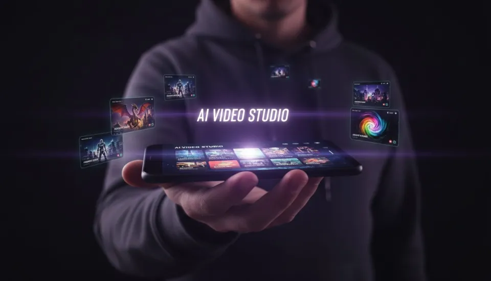 Person using VIBE AI video generator app on smartphone to compare different AI models side by side