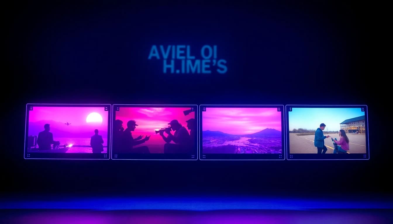 フィルムストリップのフレームの下に並べて比較した4つのAI動画モデルカード