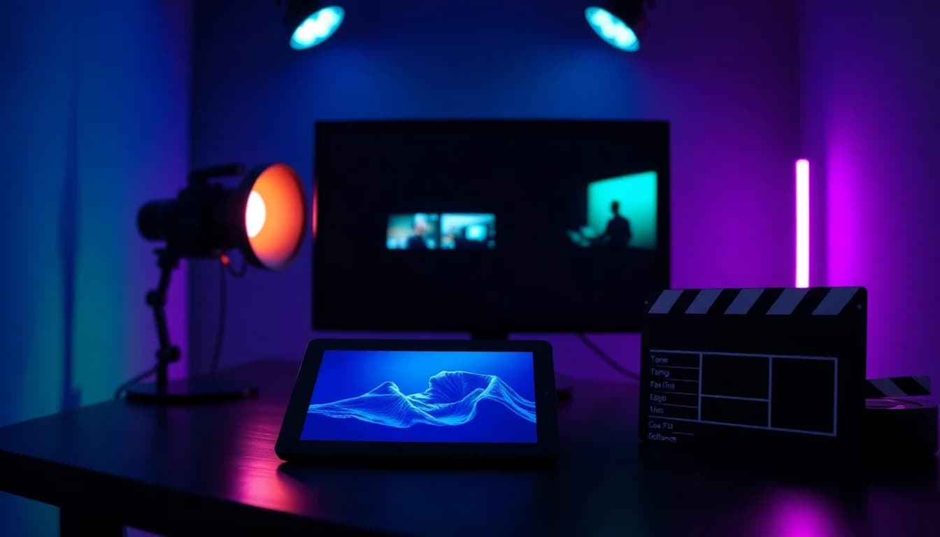 暗いスタジオでタブレットを見ながらシネマティックなAI動画のB-rollを確認するマーケティングチーム