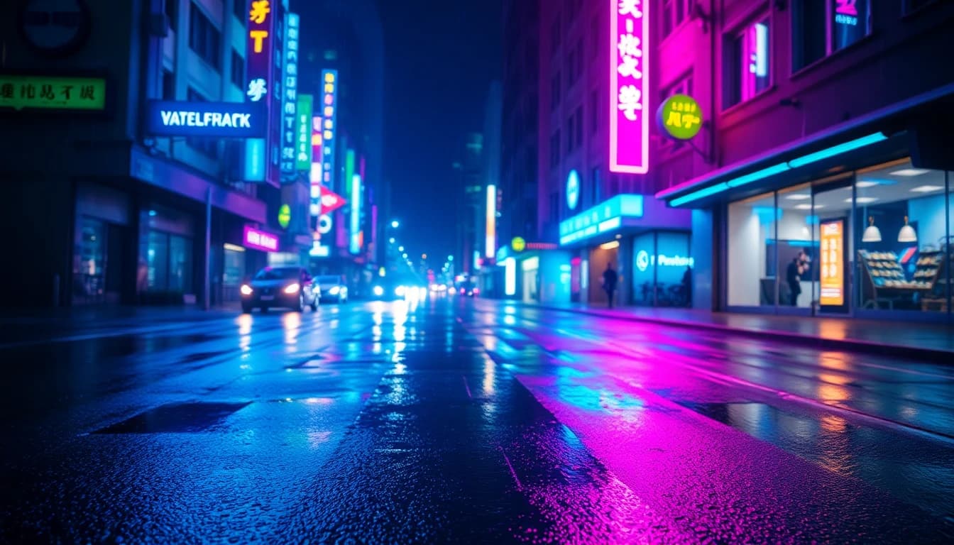 雨のネオン街をワイドスクリーンで捉えたシネマティックAI動画のB-rollフレーム