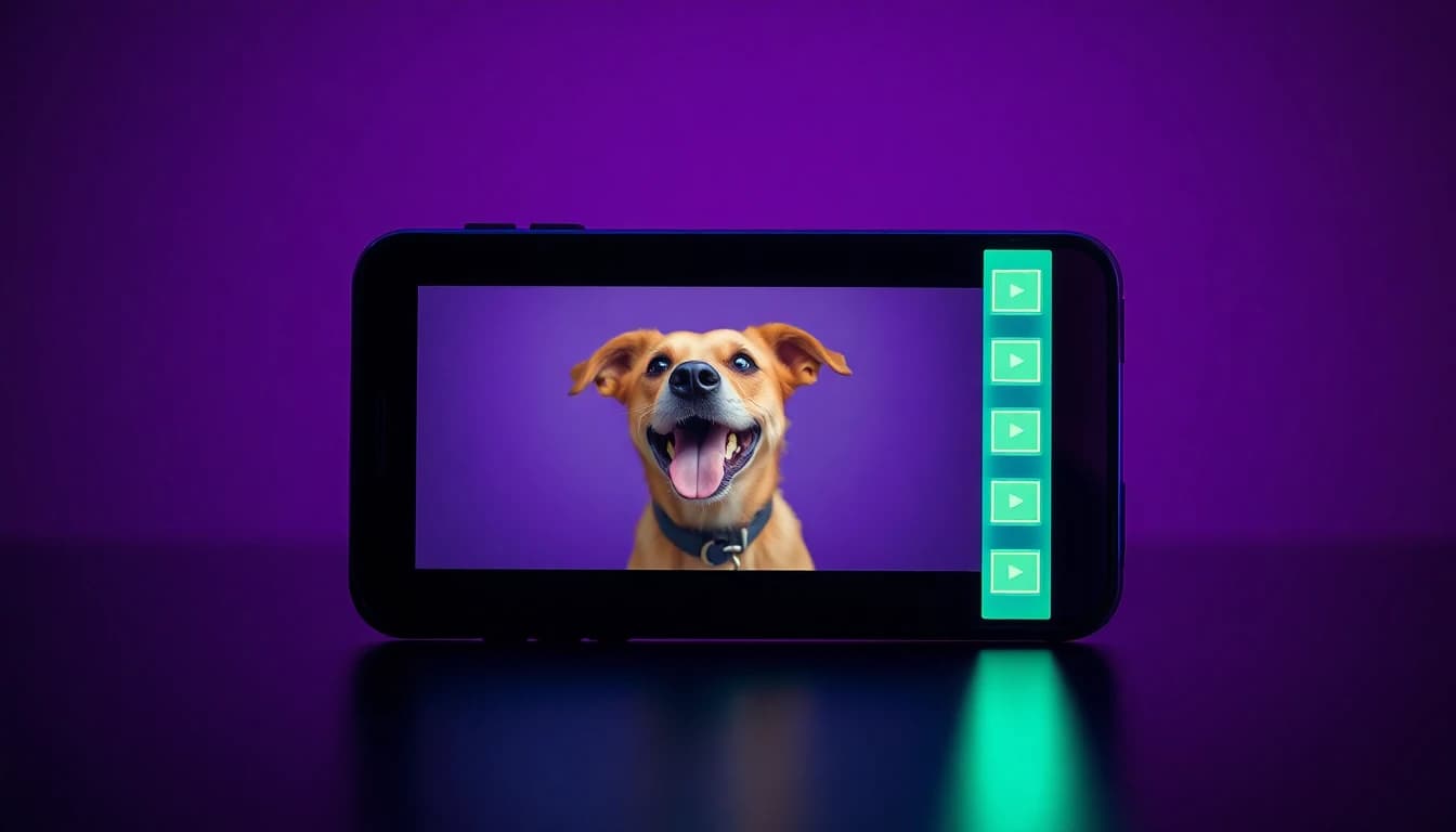 A golden retriever photo on a phone screen turning into a moving AI video with glowing neon particles
