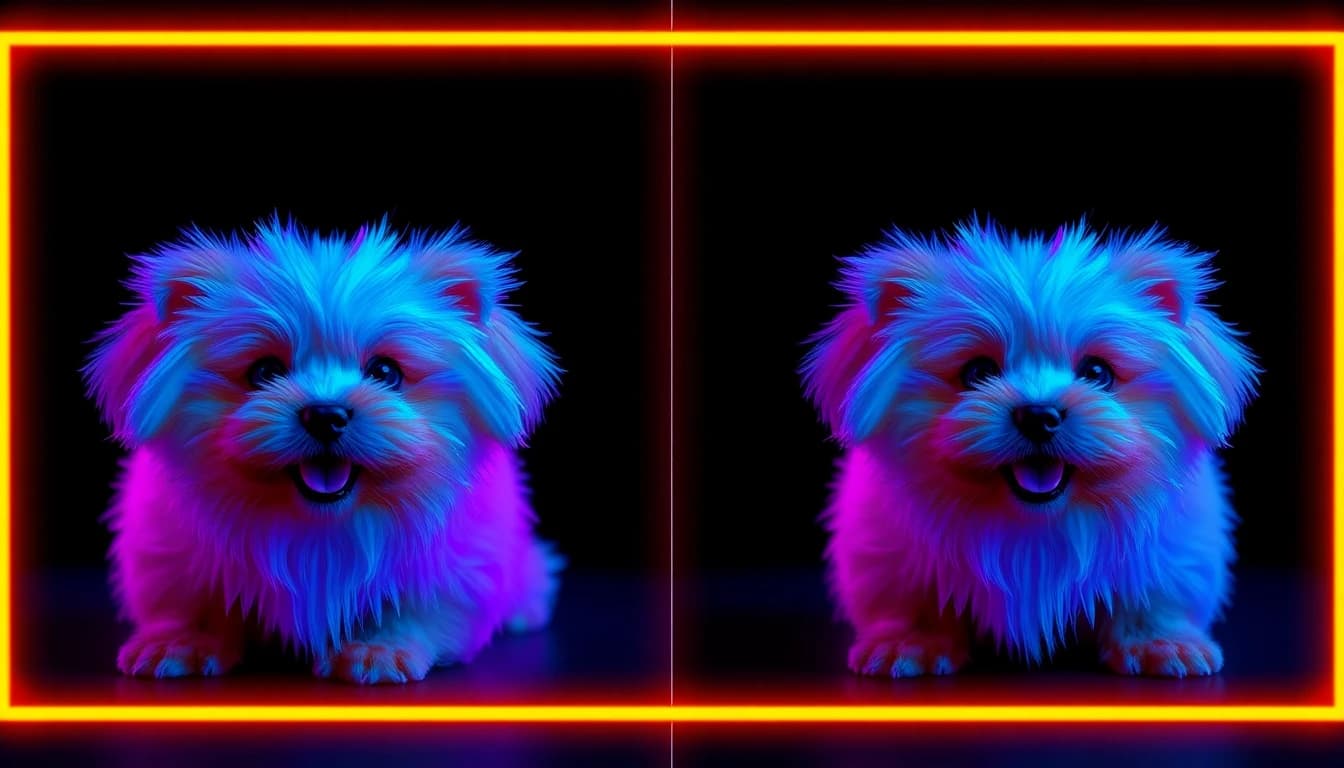 Four different AI video models rendering the same dog photo side by side in a dark neon studio