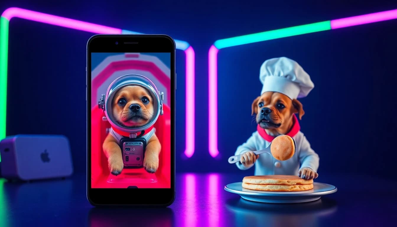 A talking dog and a dog astronaut shown as two vertical AI video frames on a phone