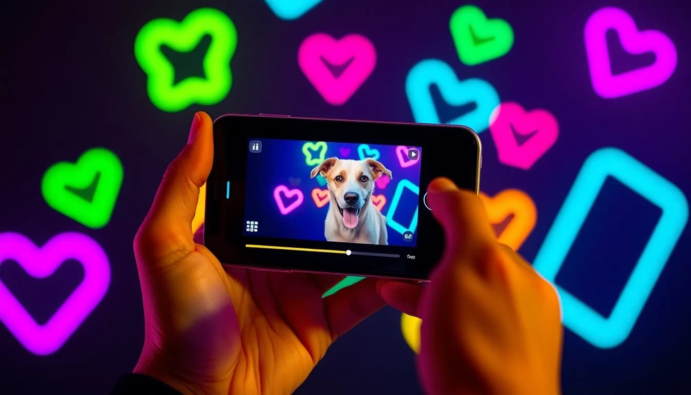 A phone showing a finished vertical dog AI video ready to share to social apps