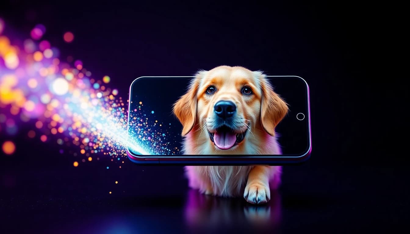 Vídeo de IA de cachorro feito a partir da foto de um pet, um golden retriever ganhando vida na tela do celular