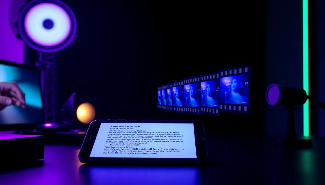 A script on a phone being split into a row of glowing scene cards that become video frames