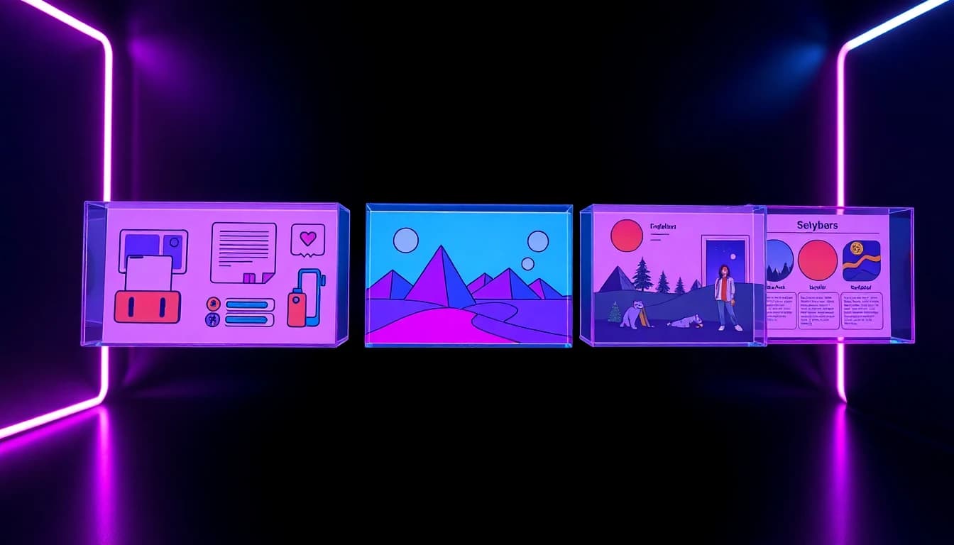 Five model cards for different explainer scenes arranged in a dark neon studio