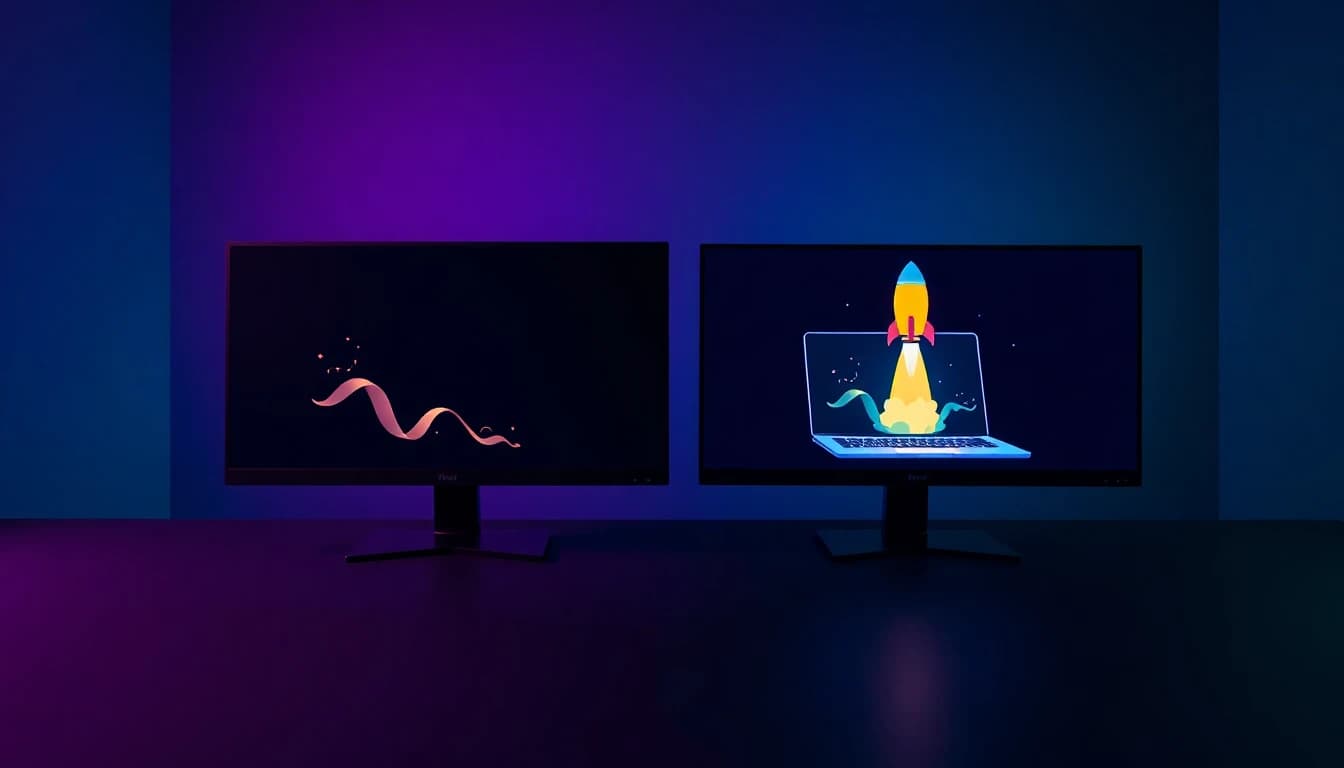 A finished explainer video in widescreen and vertical formats side by side on two screens