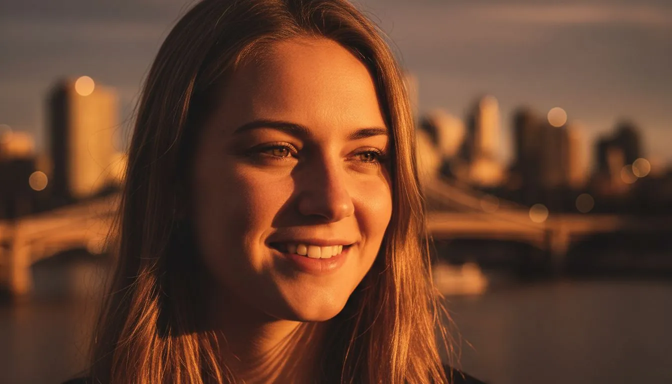 Photorealistic portrait with warm golden hour lighting and soft city sunset bokeh background