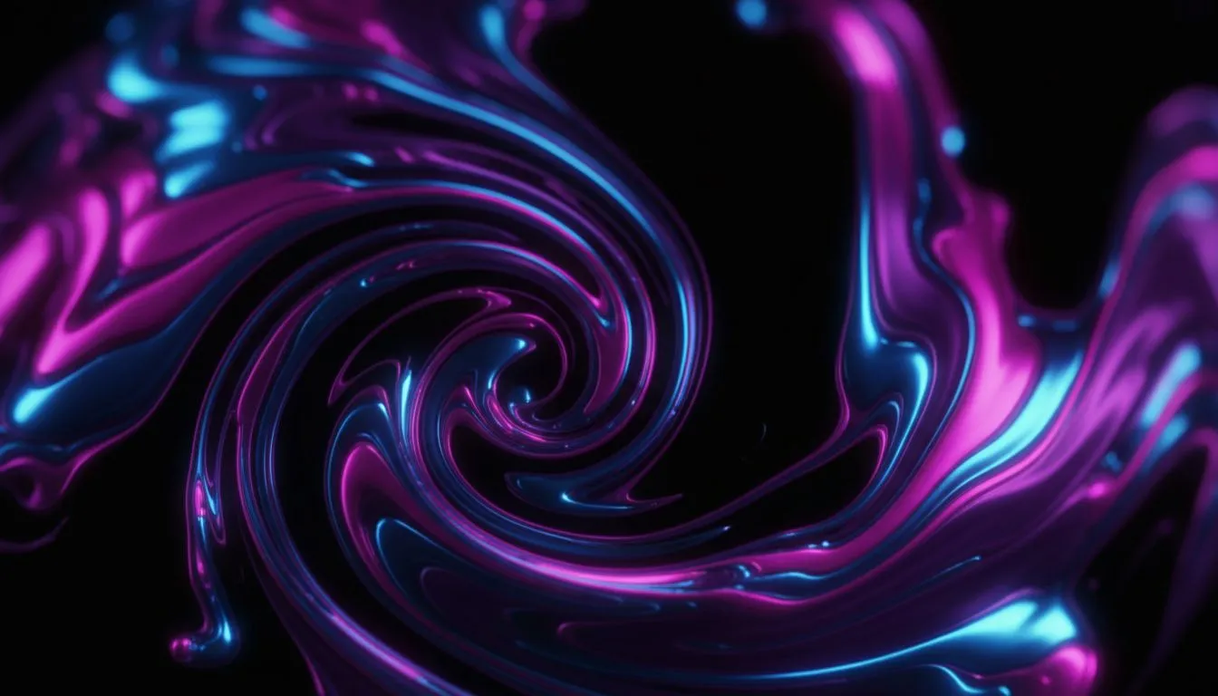 Colorful abstract fluid art with swirling iridescent ribbons in electric blue purple and magenta flowing through dark space