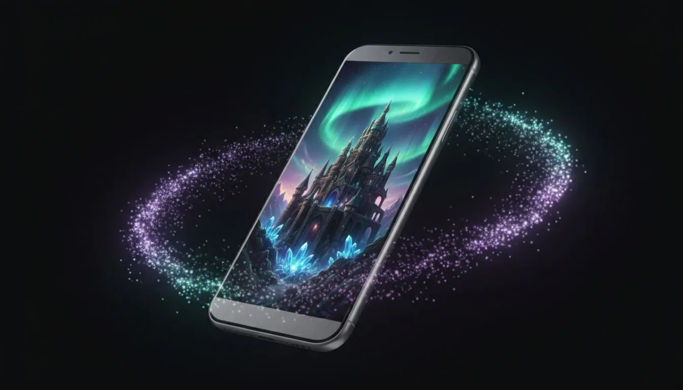 Smartphone zeigt Fantasy-Schloss-Video mit Aurora Borealis und magischen Lichtpartikeln aus dem Bildschirm