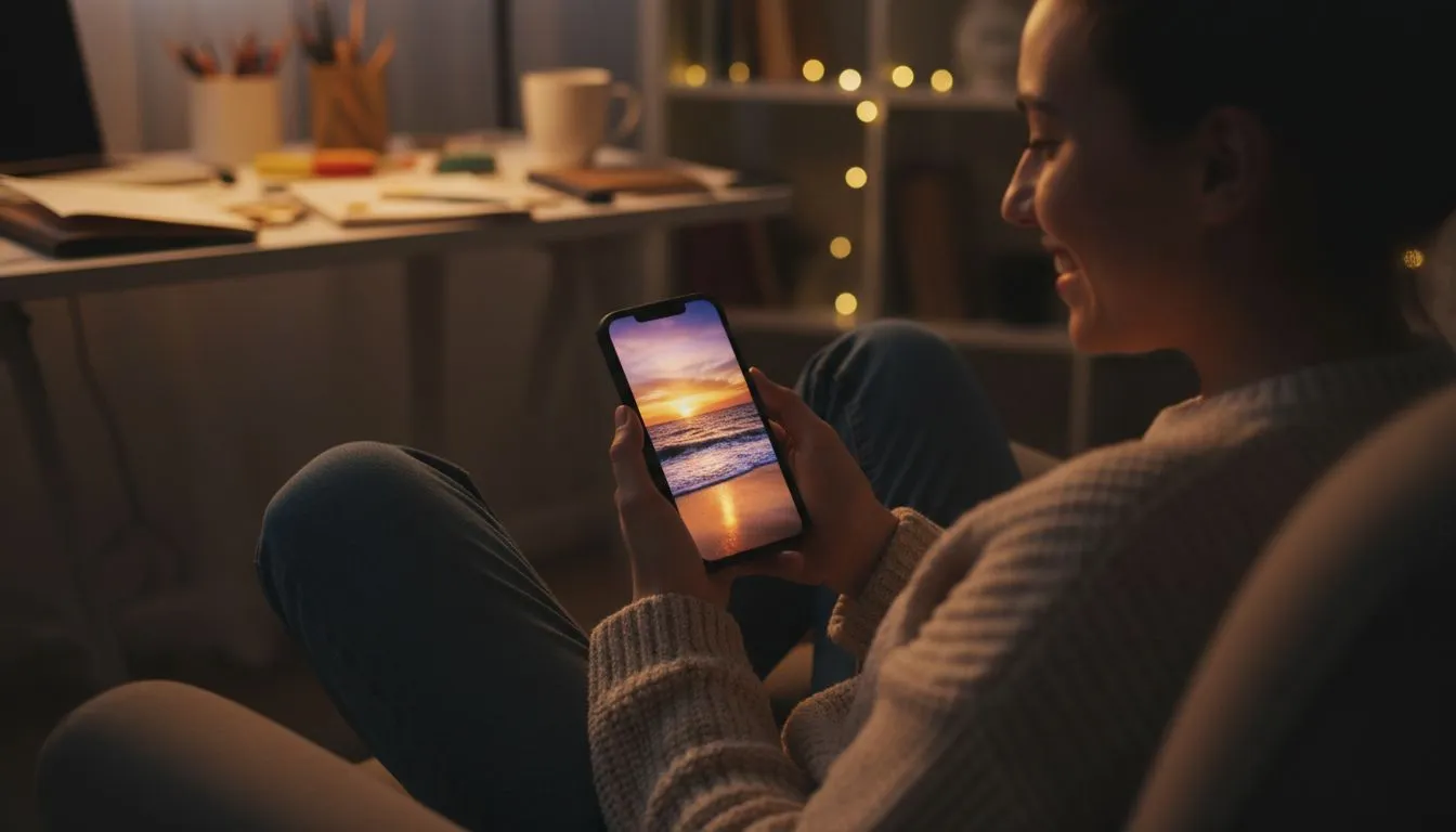 Person in a cozy dark room illuminated by the soft glow of their smartphone watching an AI-generated video