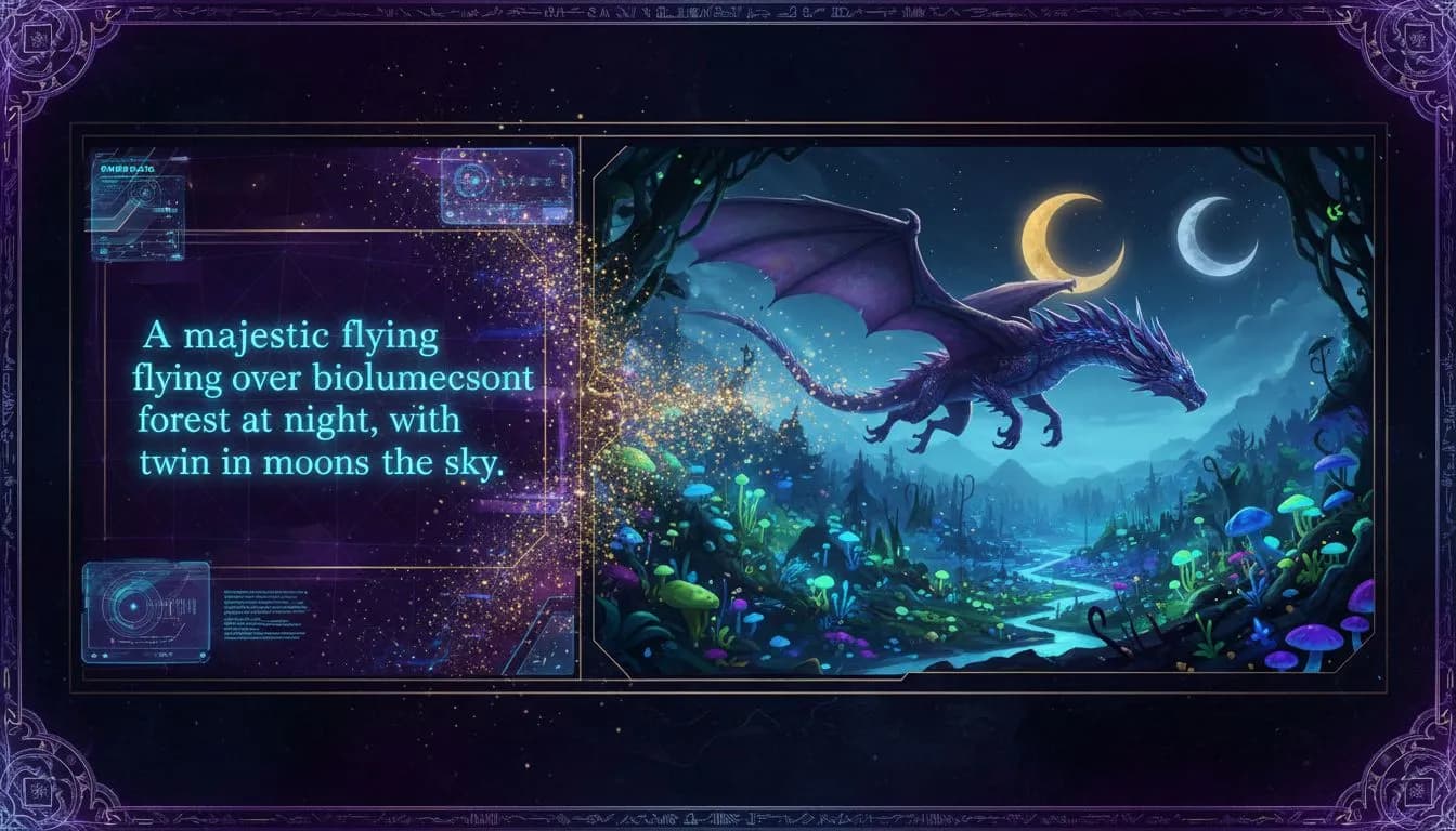 Split-screen showing a text prompt transforming into a cinematic AI-generated video with sparkling particles