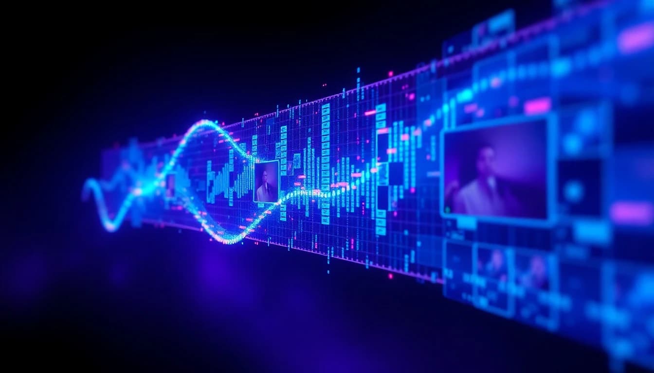 Abstract visualization of an AI video model generating video and audio simultaneously with glowing sound waves merging with video frame thumbnails