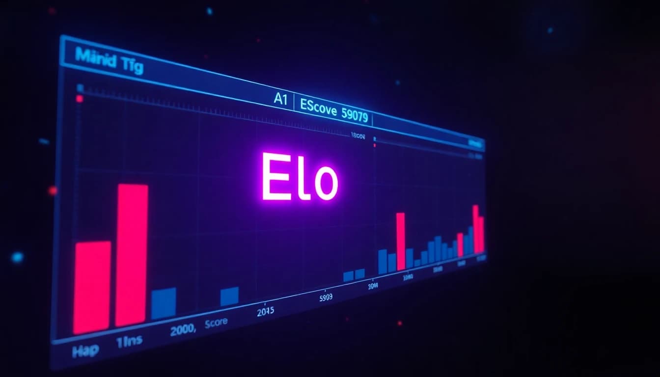 AI video leaderboard visualization with glowing ranking bars and Elo score numbers floating in dark space with a top ranked entry highlighted in neon purple