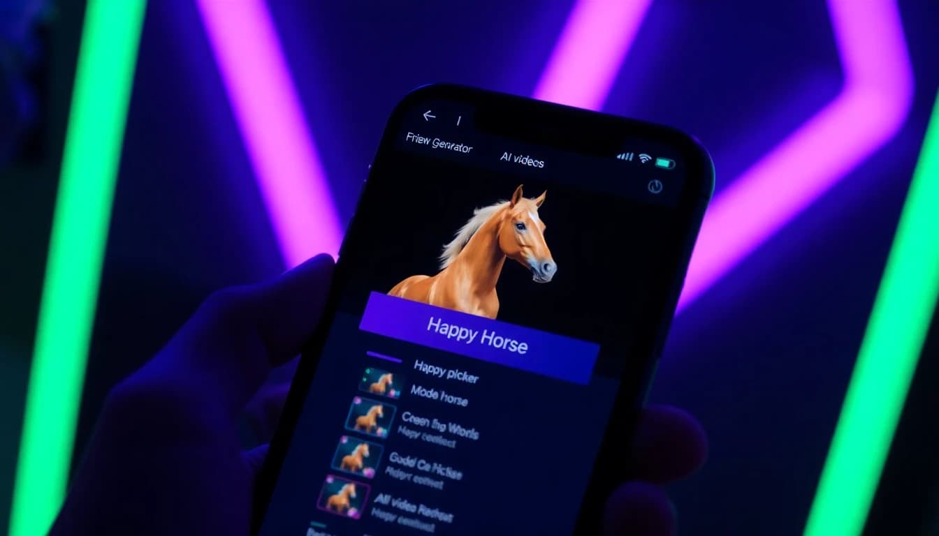 Smartphone displaying the VIBE app model picker with Happy Horse highlighted at the top of the list of AI video models