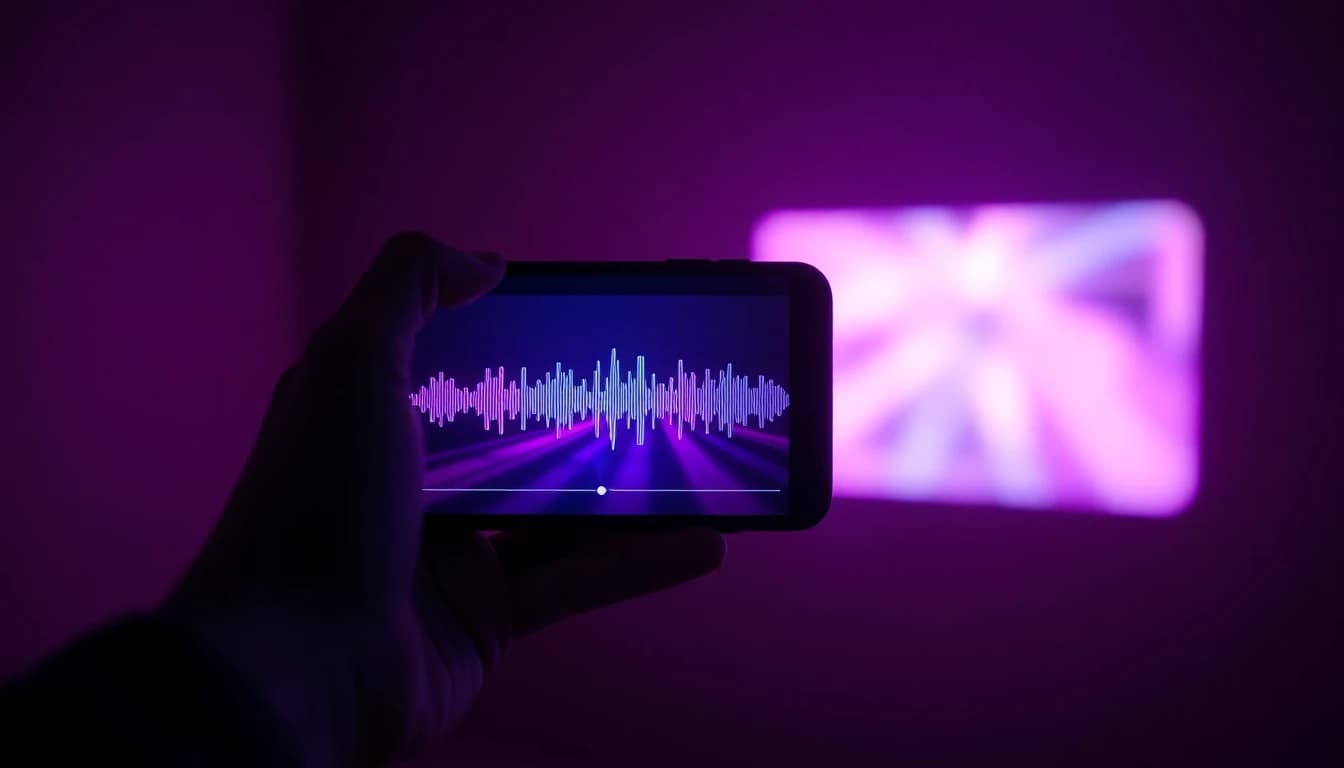 Hand holding a smartphone with a cinematic AI generated short form vertical video playing full screen with synchronized audio waveform overlay and neon purple glow in a dark room