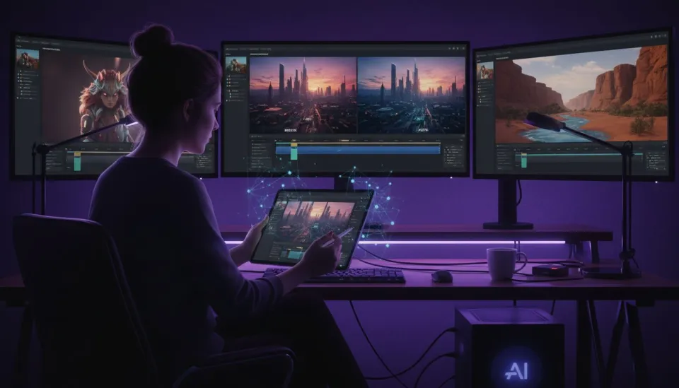 Creative professional using a tablet to edit AI-generated video from photos with before and after comparisons on multiple screens