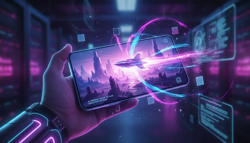 Person holding a smartphone showing a photo transforming into a cinematic AI-generated video with purple and blue neon lighting