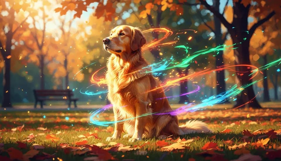 A golden retriever in a sunlit park with magical motion trails emerging from the still image as it transforms into an AI-generated video
