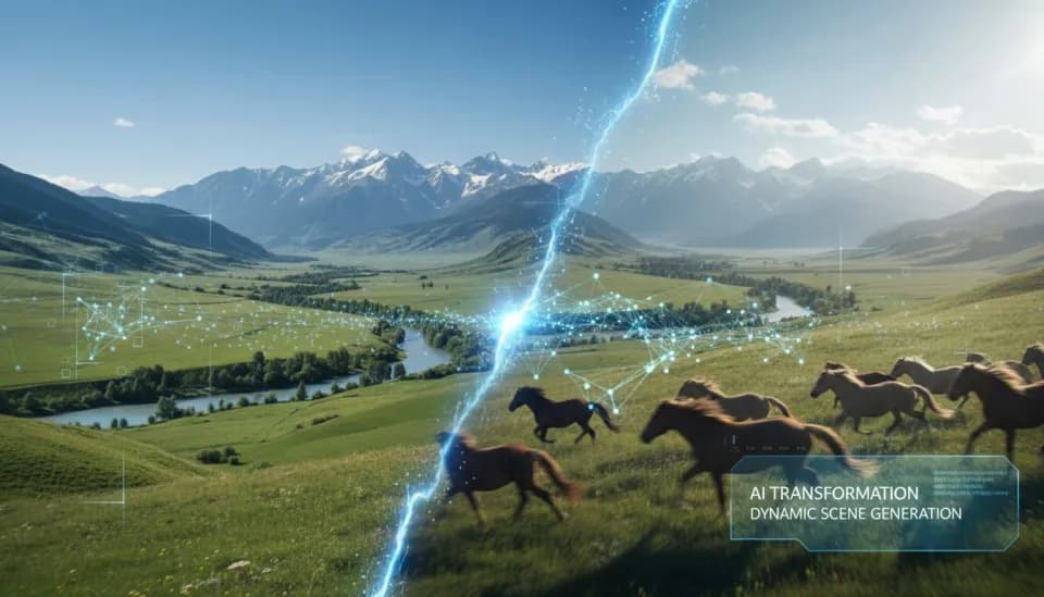 Side by side view of a static landscape photograph transforming into a dynamic AI-generated video scene with motion blur and depth