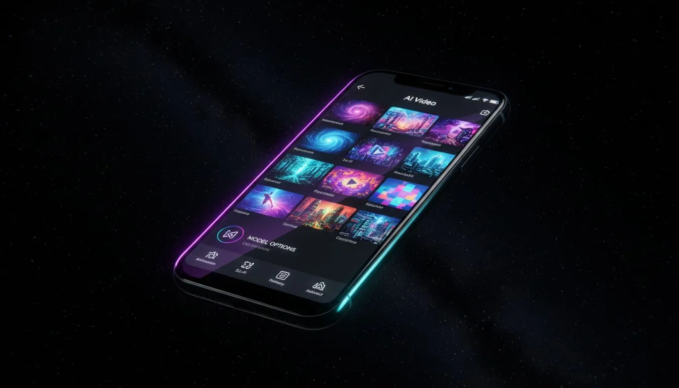 Smartphone displaying Kling AI video creation app with model selection options and colorful video thumbnails