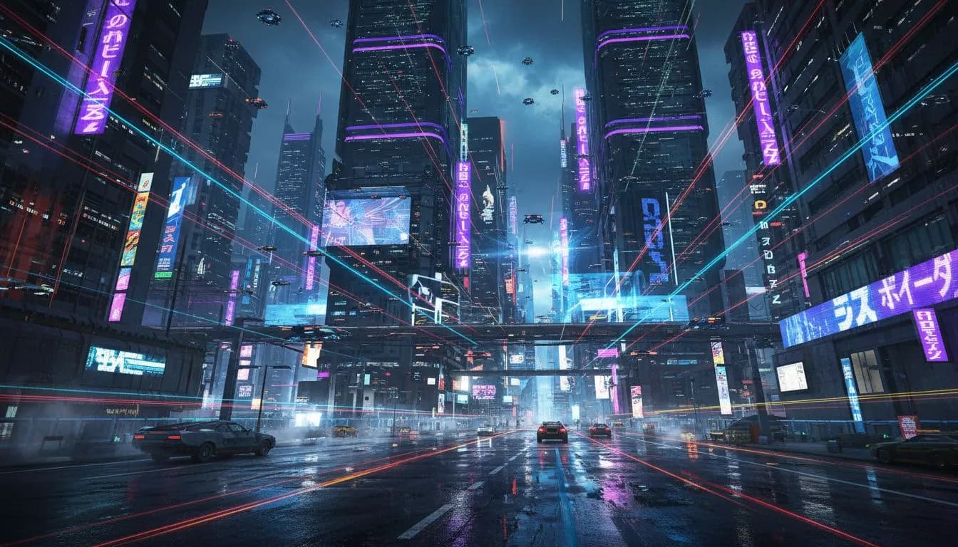 Breathtaking cyberpunk city at night with neon-lit skyscrapers and rain-slicked streets reflecting purple and cyan lights