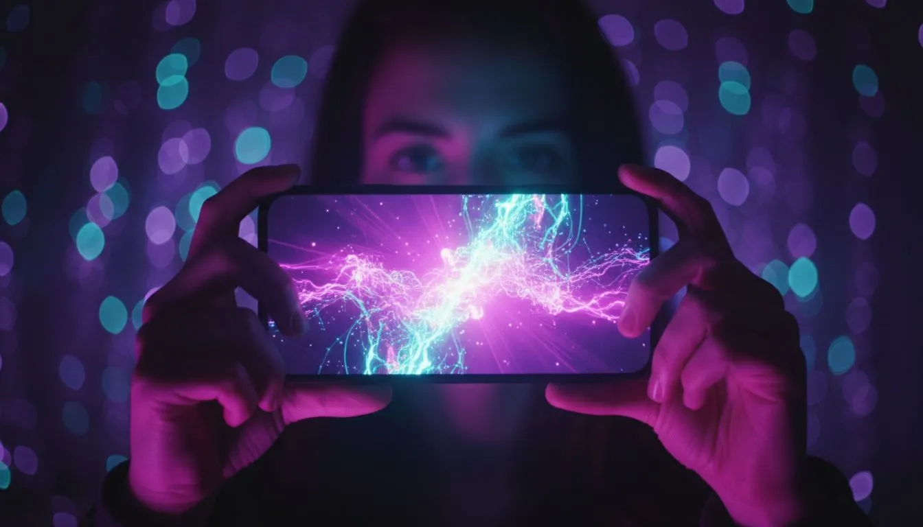 Person hält Smartphone mit lebendigem KI-generiertem Video, violette und cyanfarbene Bokeh-Lichter