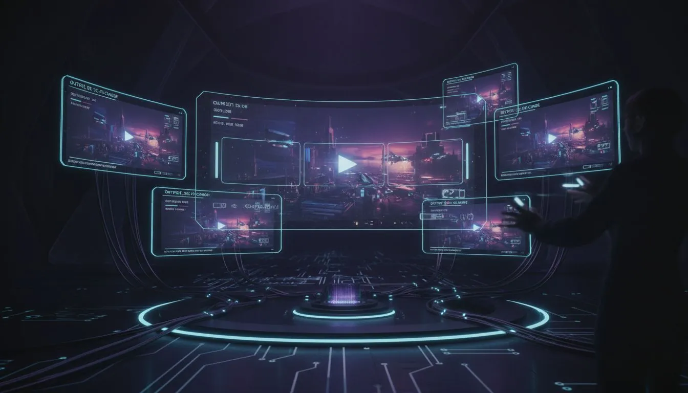 Kling AI video generator interface with holographic screens displaying cinematic video frames in purple and cyan neon lighting